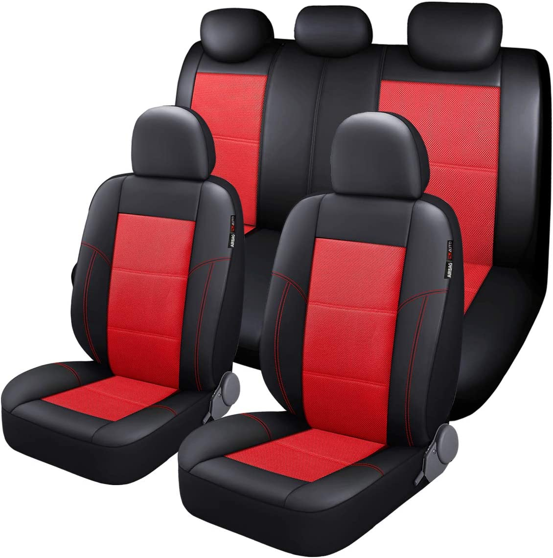 Leather and Mesh Car Seat Cover Full Set in 9Pcs Universal Fit for Cars Trucks Vans & Suvs Airbag Compatible (Red)