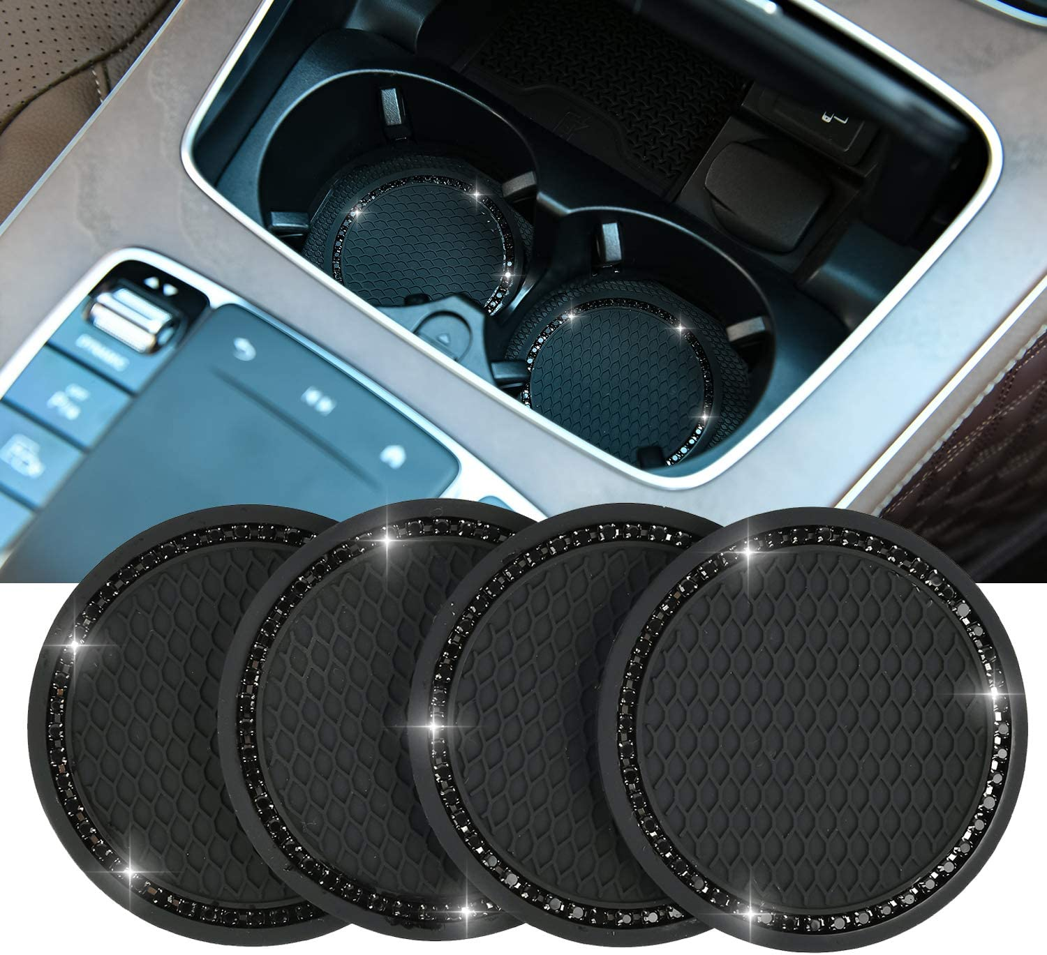 4PCS Bling Car Coasters, Universal Vehicle Car Accessories -2.75 Inch Silicone anti Slip Crystal Rhinestone Cup Holder (Black)