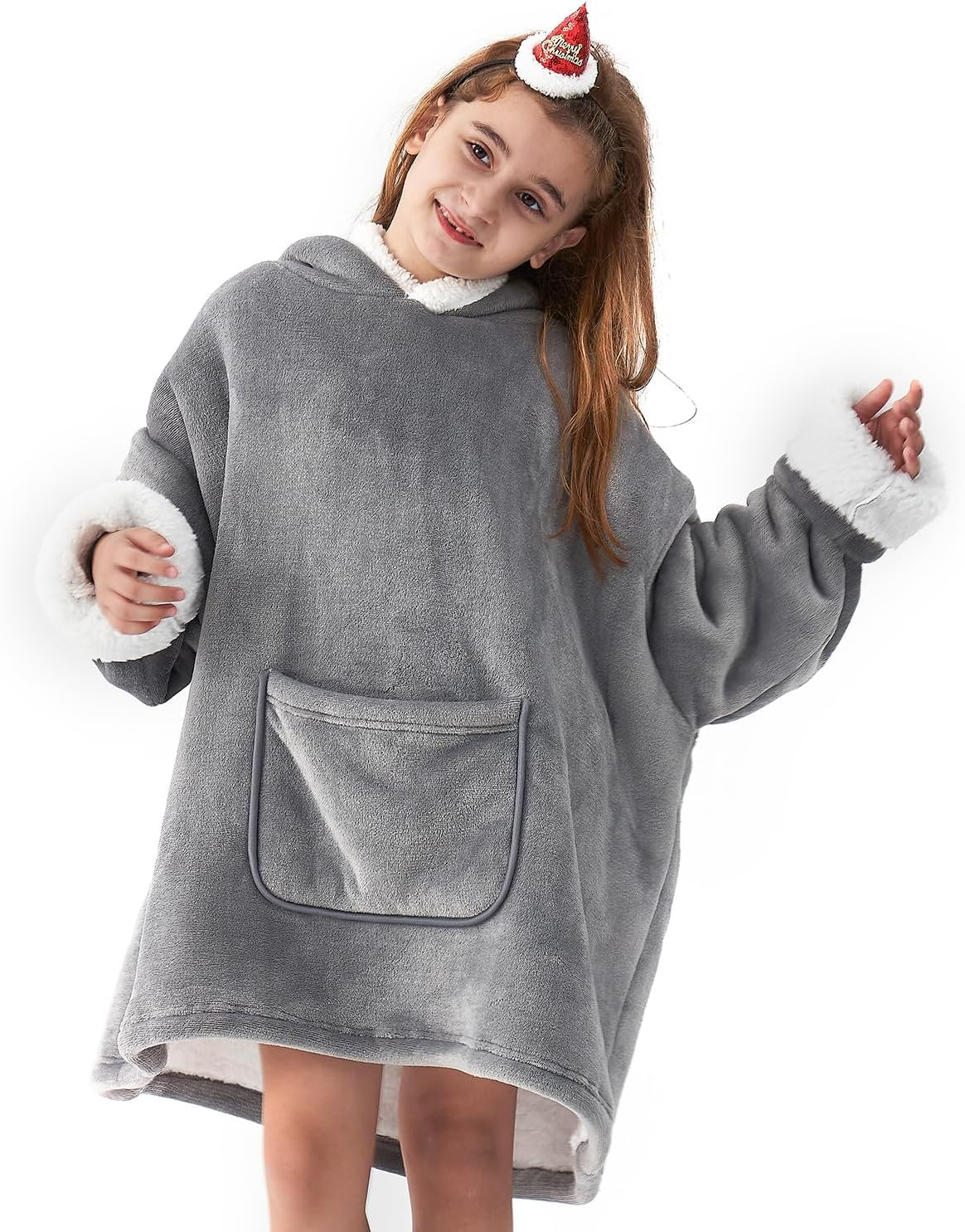 Wearable Blanket Hoodie for Kids, Hoodie Blanket with Pockets and Sleeves Sweatshirt for Teens as a Gift – Grey Kids