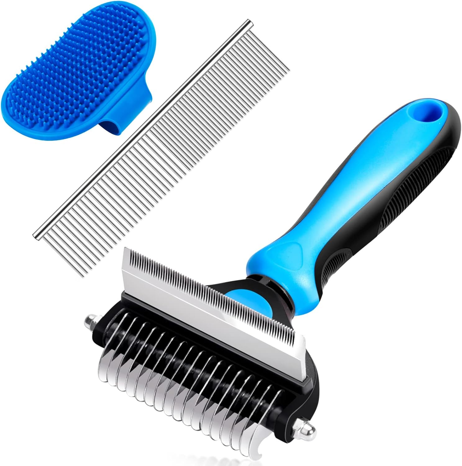 CGBE Dog Grooming Brush, 2 in 1 Dog Undercoat Rake for Small Dogs and Cats Shedding, Safe Dematting Comb Deshedding Tool for Pet Matted Hair (Small Blue)