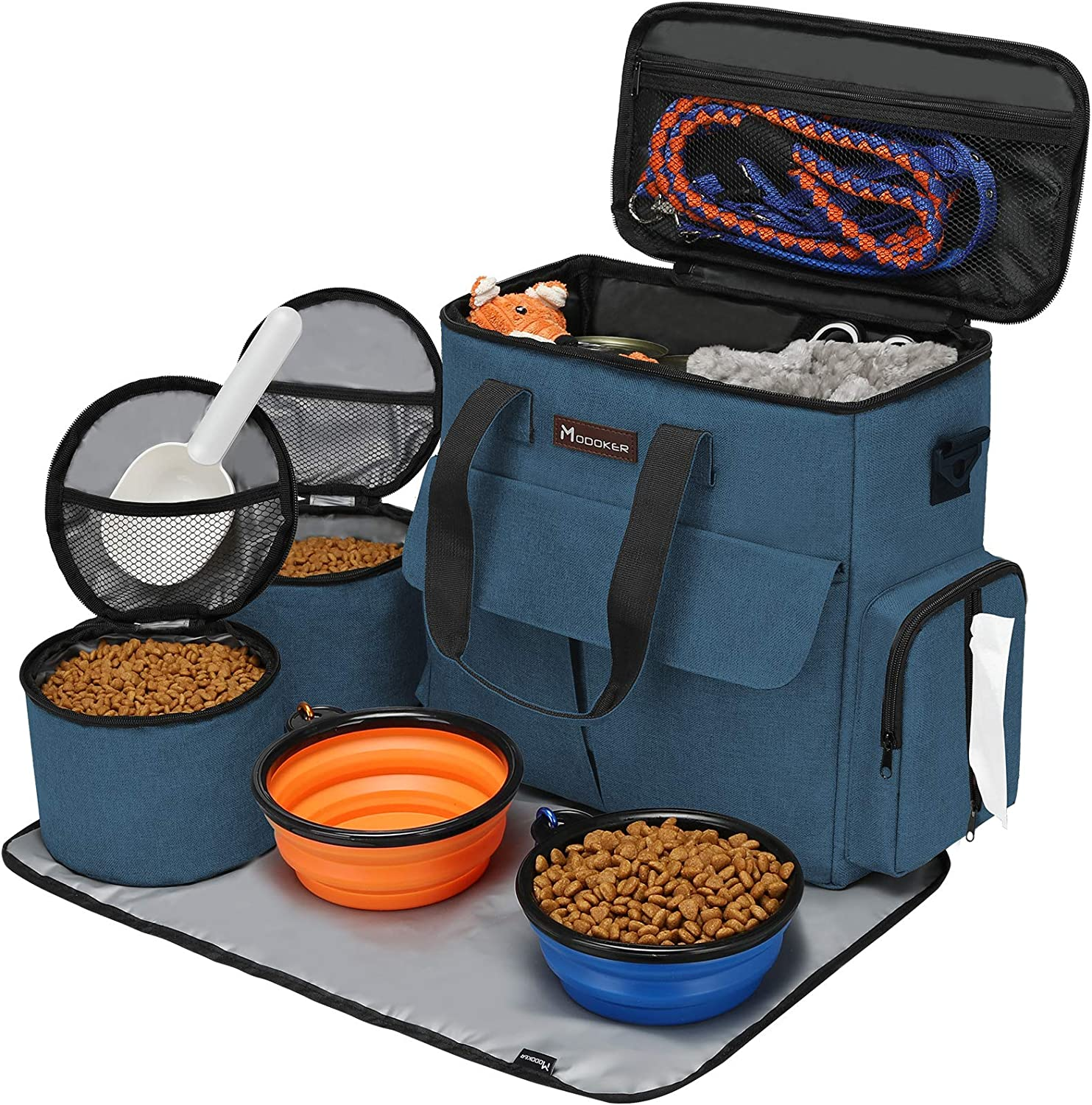 Modoker Dog Travel Bag, Weekend Pet Travel Set for Dog and Cat, Airline Approved Tote Organizer with Multi-Function Pockets, 2 Food Storage Containers, 2 Collapsible Bowls, 1 Feeding Mat (Blue)