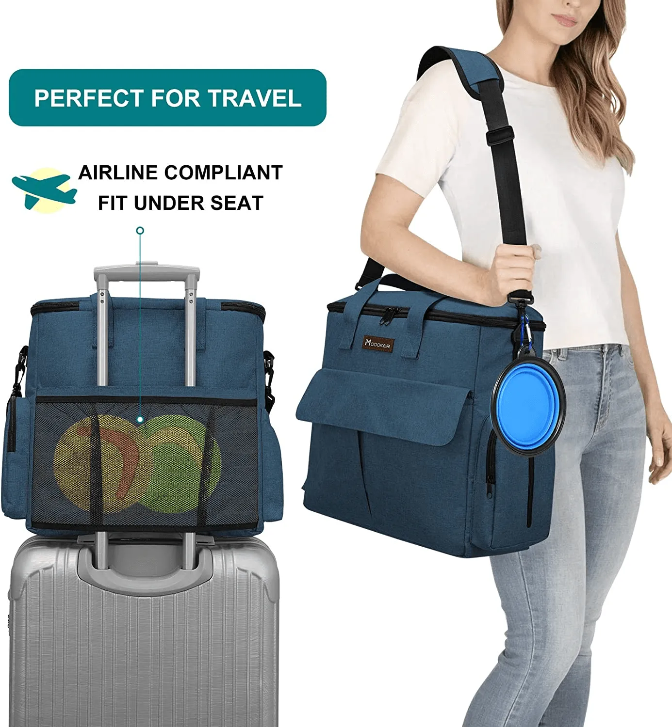Dog Travel Bag, Weekend Pet Travel Set for Dog and Cat, Airline Approved Tote Organizer with Multi-Function Pockets, 2 Food Storage Containers, 2 Collapsible Bowls, 1 Feeding Mat (Blue) - Image 5