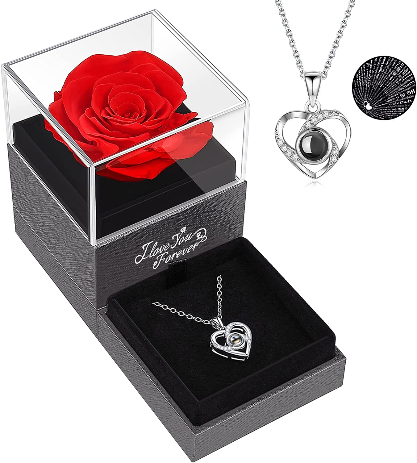 Preserved Real Red Rose with I Love You Necklace -Eternal Flowers Rose Gifts for Mom Wife Girlfriend, Valentines Day Gifts for Her, Mothers Day Christmas Anniversary Birthday Gifts for Women