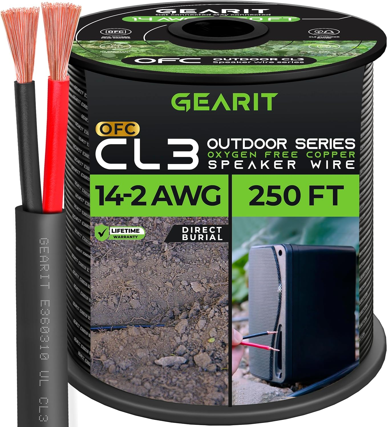 14/2 Speaker Wire (250 Feet) 14AWG Gauge – Outdoor Direct Burial in Ground/In Wall / CL3 CL2 Rated / 2 Conductors – OFC Oxygen-Free Copper, Black 250Ft