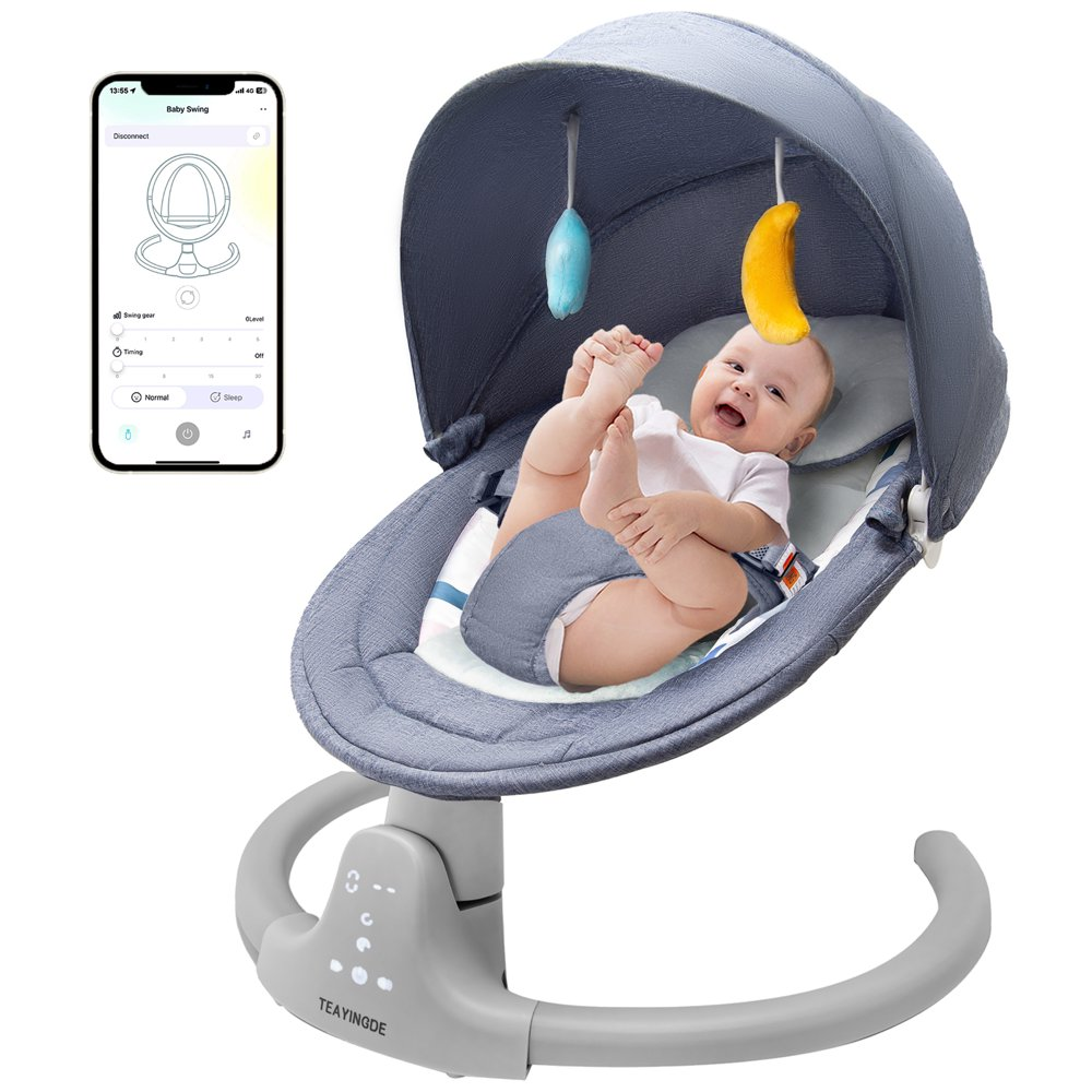 Baby Swing for Infants – APP Remote Bluetooth Control, 5 Speed Settings, 10 Lullabies, USB Plug (Blue)