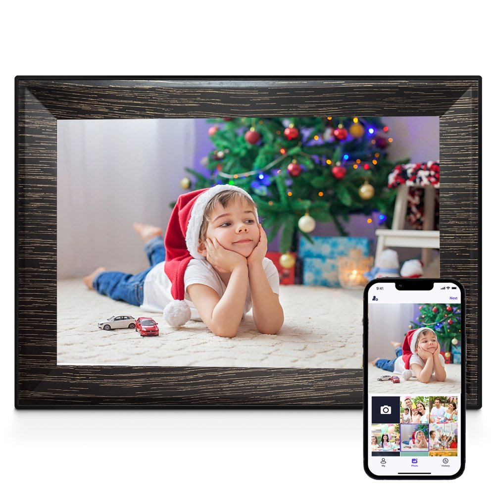 10.1″ Digital Picture Frame Wood Grain Wifi with 32GB Storage, 1280X800 IPS Display Touch Screen Electronic Photo Frame Auto-Rotate via App for Friends Family Gift