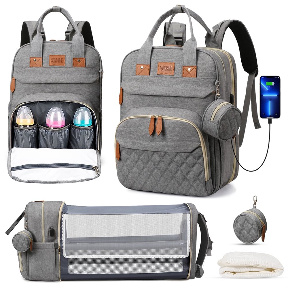 Diaper Bag Backpack, Multifunction Baby Bag with Changing Station, Large Capacity Diaper Bags W/ Foldable Crib & Insulated Pocket, Portable Waterproof Backpack, USB Charging Port&Stroller Straps(Gray)
