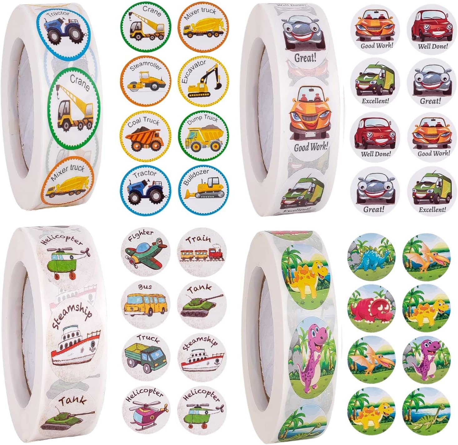 2000 Pcs  Stickers for Kids School Stickers Potty Training Stickers 4Rolls 32Designs 1Inch (2000 Construction Dino Stickers)