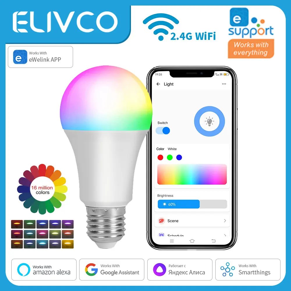 eWelink Smart Bulb E27 WiFi Dimmable DIY Lamp RGBCW LED Light 100-240V APP Control Support Alexa Google Home Alice Smartthings