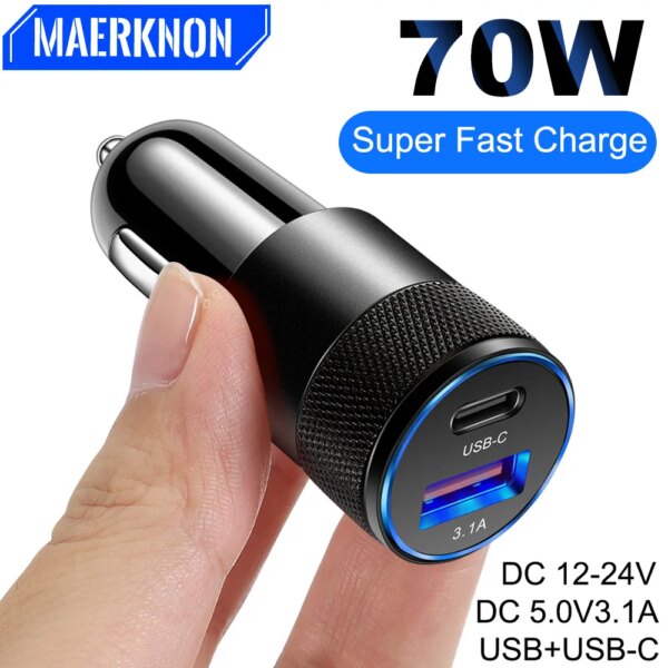 70W PD Car Charger USB Type C Fast Charging Car Phone Charger Adapter for iPhone 15 14 iPad Xiaomi Huawei Samsung Quick Charger