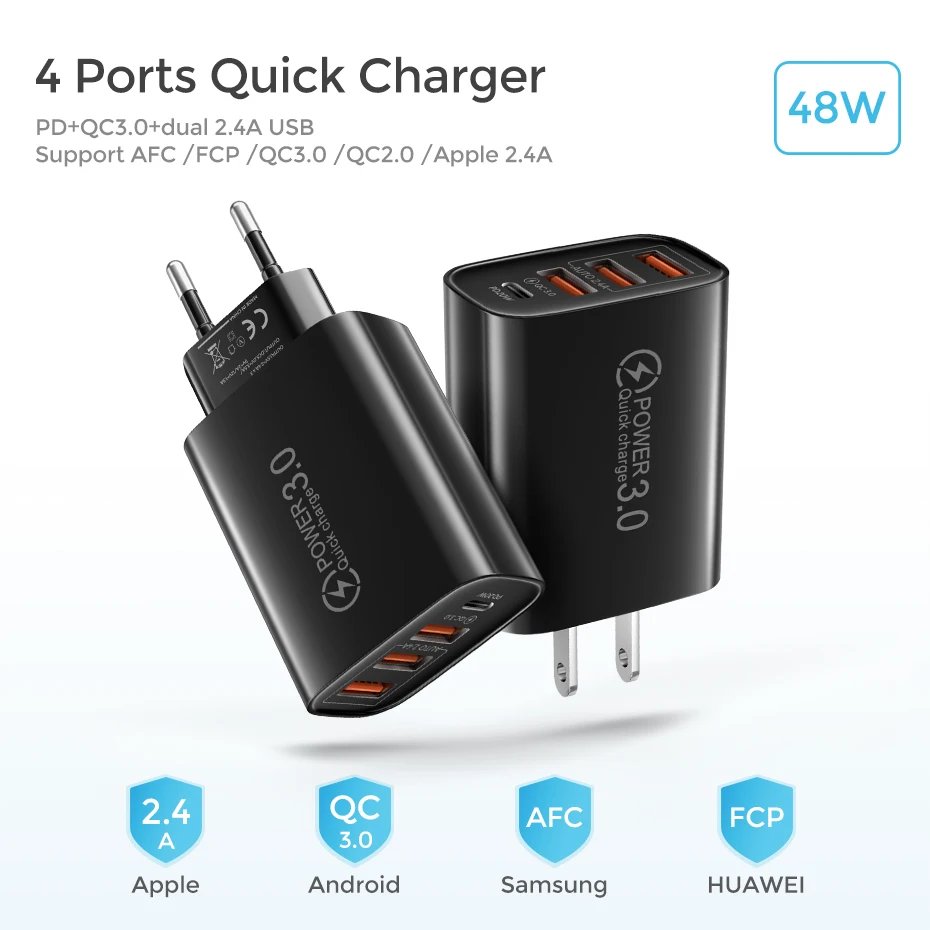 60W USB C Charger PD Charger Type C Fast Charging QC3.0 Quick Charge 3.0 Mobile Phone Charger Adapter for iPhone Xiaomi Samsung