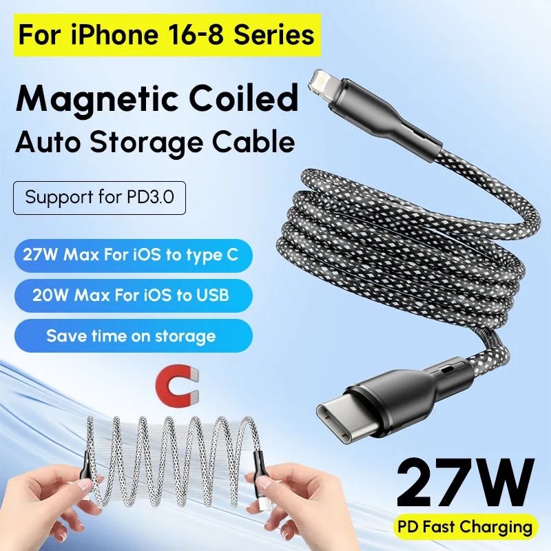 27w 100W Magnetic Type C USB to For iOS Cable Coiled Fast Charging for iPhone 15 14 13 Pro max Samsung S23 Google Magnet Storage