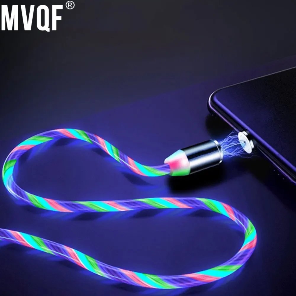 MVQF Magnetic Current Luminous Lighting Charging Mobile Phone Cable cle usb c cable for Samsung LED Micro USB Type C for Iphone