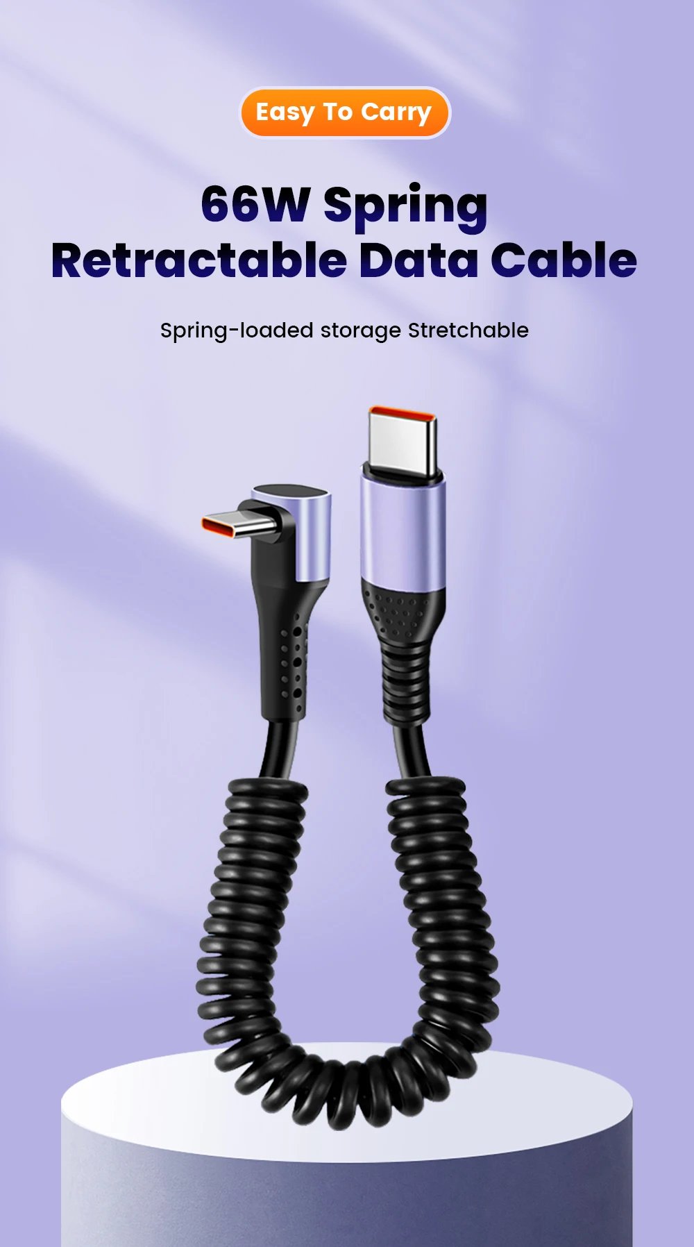 20CM To 1M Car Spring Cable 66W Short Fast Charging Wire Type C TO Type C Cable For iPhone 15 Huawei Xiaomi Samsung USB C Cable
