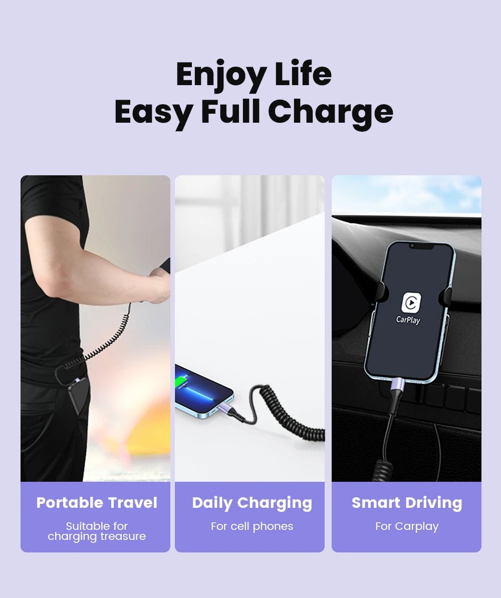 20CM To 1M Car Spring Cable 66W Short Fast Charging Wire Type C TO Type C Cable For iPhone 15 Huawei Xiaomi Samsung USB C Cable