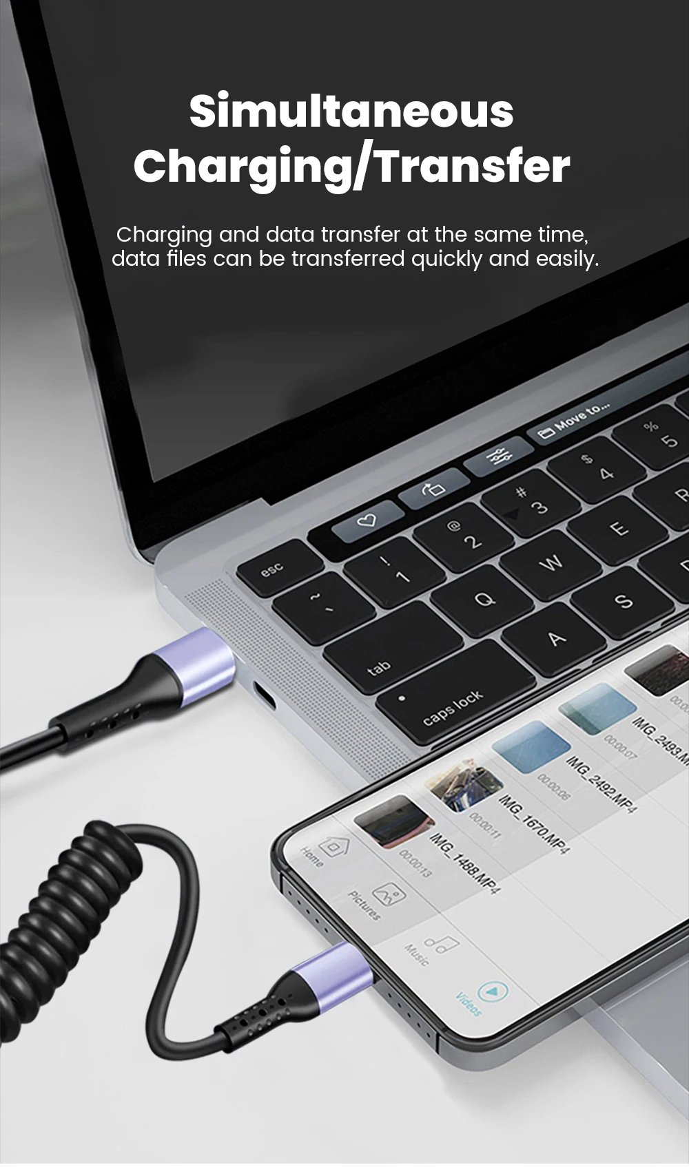 20CM To 1M Car Spring Cable 66W Short Fast Charging Wire Type C TO Type C Cable For iPhone 15 Huawei Xiaomi Samsung USB C Cable