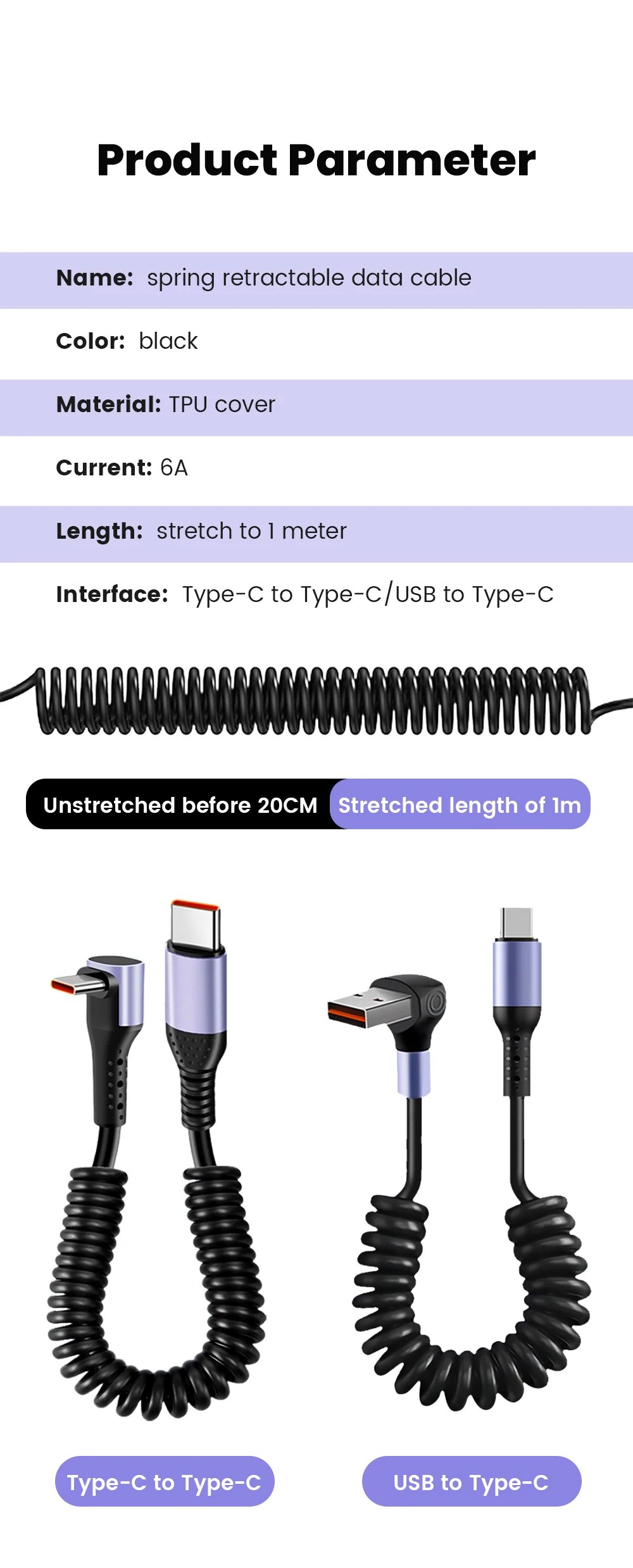 20CM To 1M Car Spring Cable 66W Short Fast Charging Wire Type C TO Type C Cable For iPhone 15 Huawei Xiaomi Samsung USB C Cable