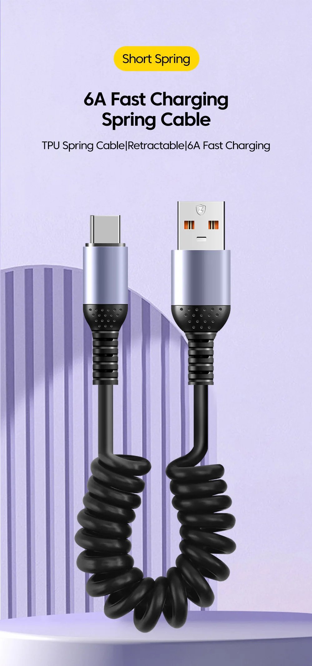 20CM To 1M Car Spring Cable 66W Short Fast Charging Wire Type C TO Type C Cable For iPhone 15 Huawei Xiaomi Samsung USB C Cable