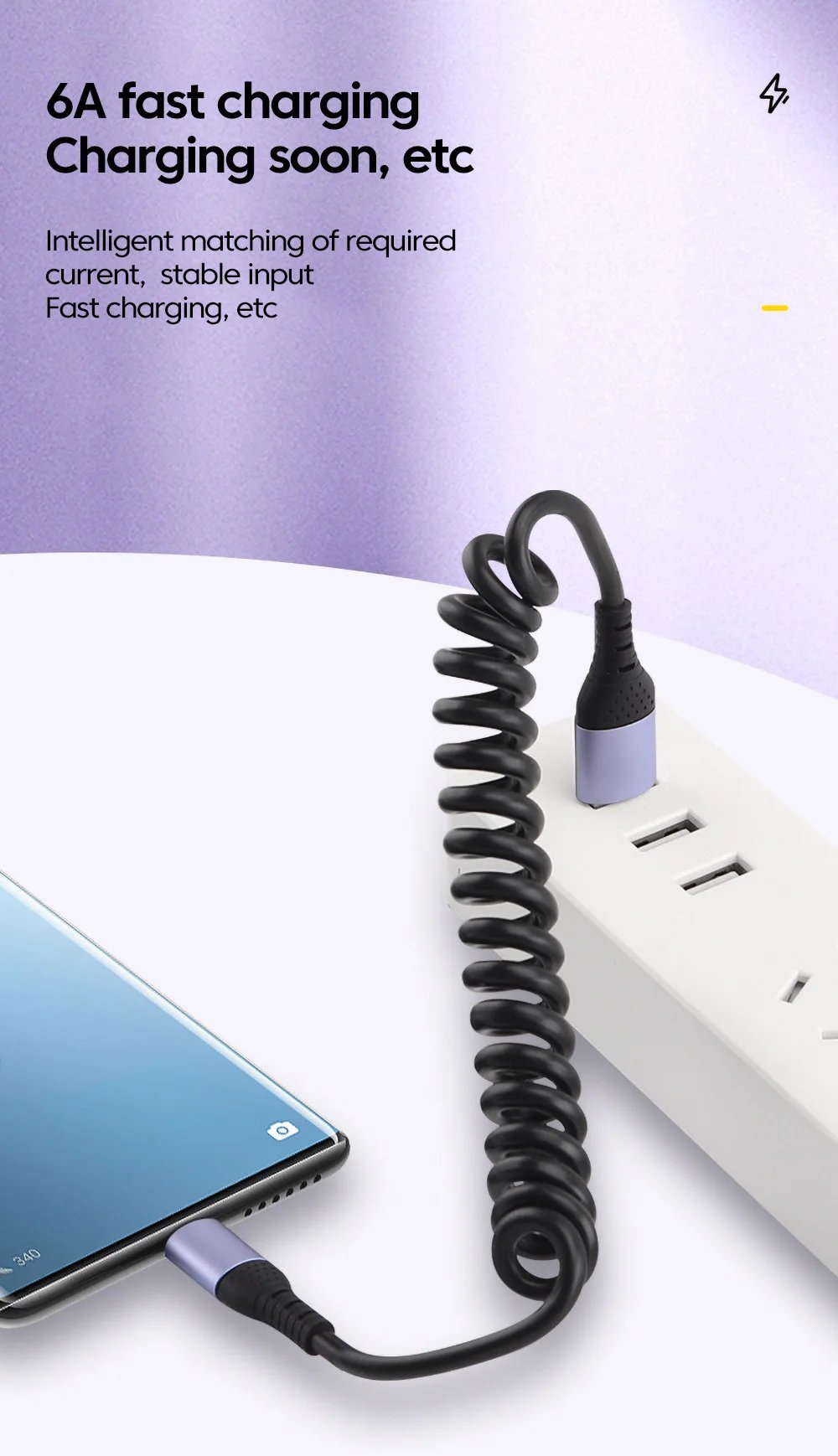 20CM To 1M Car Spring Cable 66W Short Fast Charging Wire Type C TO Type C Cable For iPhone 15 Huawei Xiaomi Samsung USB C Cable