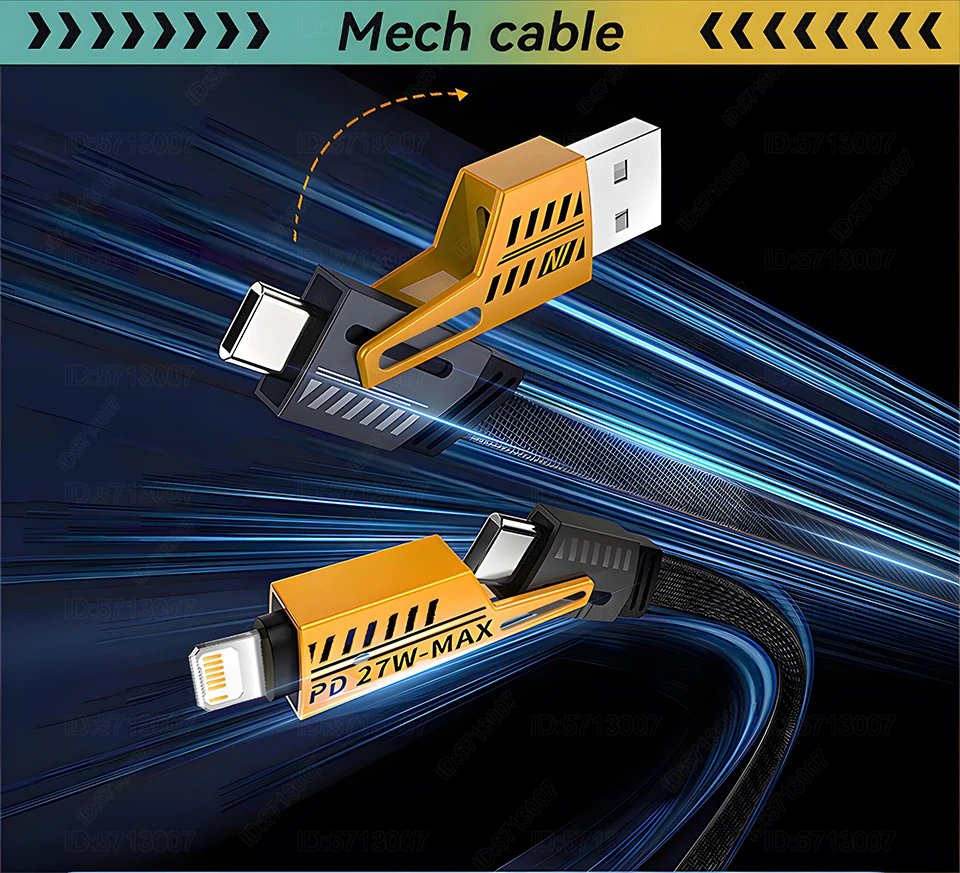 4in1 Type C to Type C 65W Mecha Style Fast Charging Cable for iPhone Samsung Xiaomi Redmi POCO OnePlus USB A to USB C Data Cord