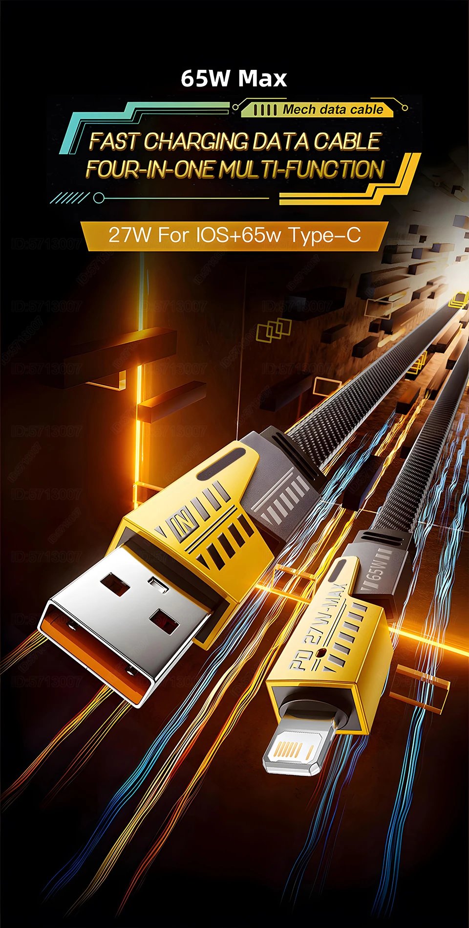 4in1 Type C to Type C 65W Mecha Style Fast Charging Cable for iPhone Samsung Xiaomi Redmi POCO OnePlus USB A to USB C Data Cord