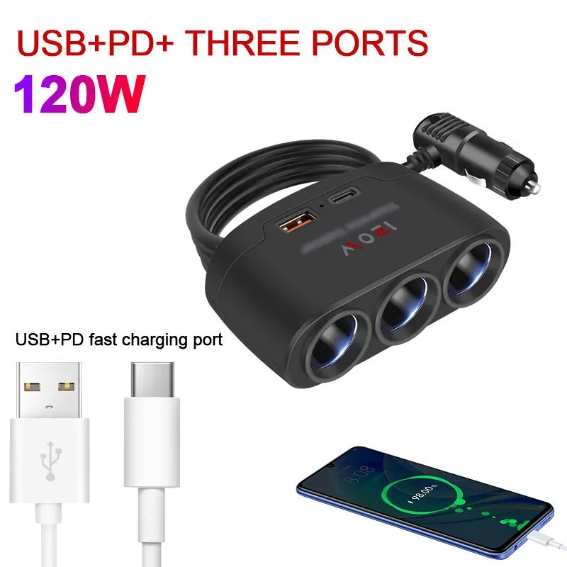 Car Charging Adapter One Tow Three Conversion Head with USB+PD Extended High Power 12V24V Universal Model