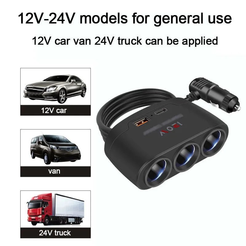 Car Charging Adapter One Tow Three Conversion Head with USB+PD Extended High Power 12V24V Universal Model