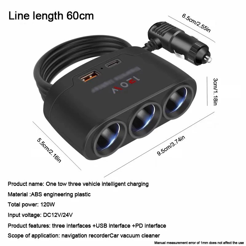 Car Charging Adapter One Tow Three Conversion Head with USB+PD Extended High Power 12V24V Universal Model