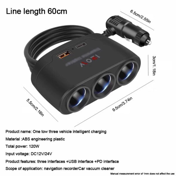 Car Charging Adapter One Tow Three Conversion Head with USB+PD Extended High Power 12V24V Universal Model - Image 4