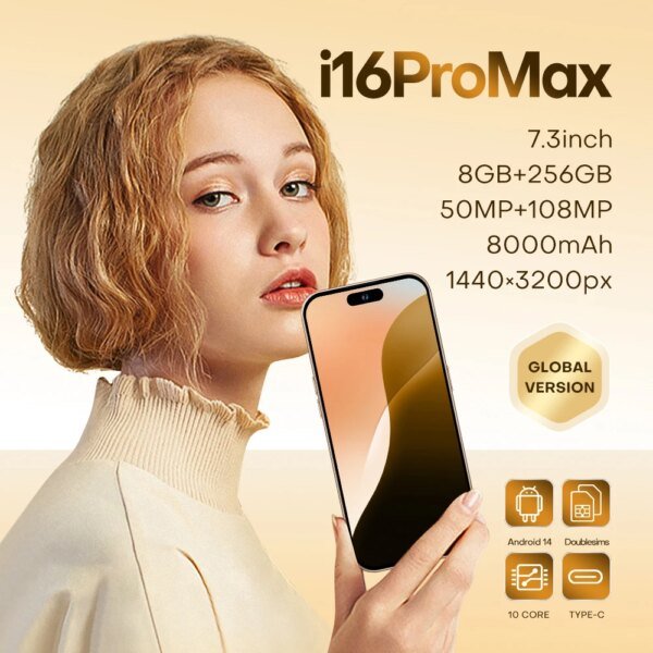 Hot Sell I16 Pro Max smartphone 8GB+256GB 7.3-inch high screen  8000mAh dual SIM card Global Version moblep - Image 2