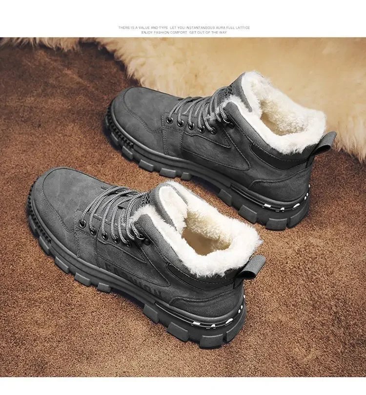 Men Snow Boots  Winter Anti Slip Plush Indoor Warm Cold Proof Snow Boots High Top Platform Lace Up Outdoor Sport Work Boots