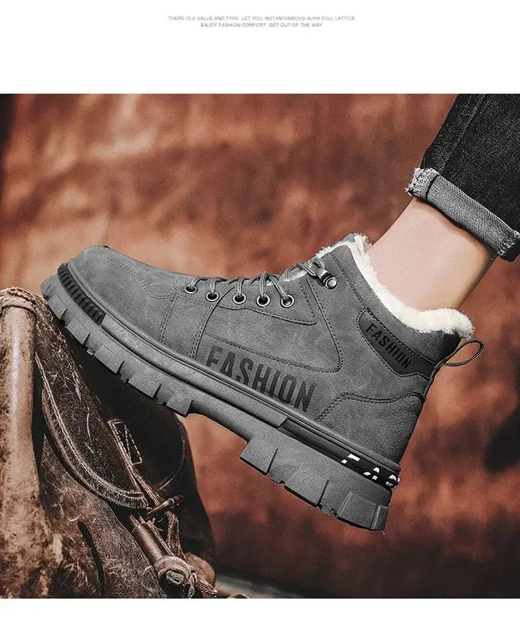 Men Snow Boots  Winter Anti Slip Plush Indoor Warm Cold Proof Snow Boots High Top Platform Lace Up Outdoor Sport Work Boots