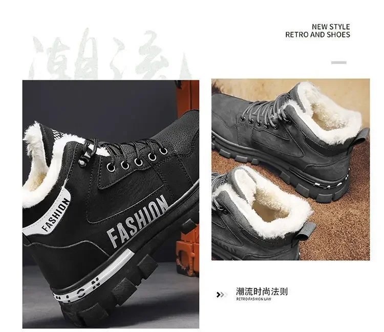Men Snow Boots  Winter Anti Slip Plush Indoor Warm Cold Proof Snow Boots High Top Platform Lace Up Outdoor Sport Work Boots