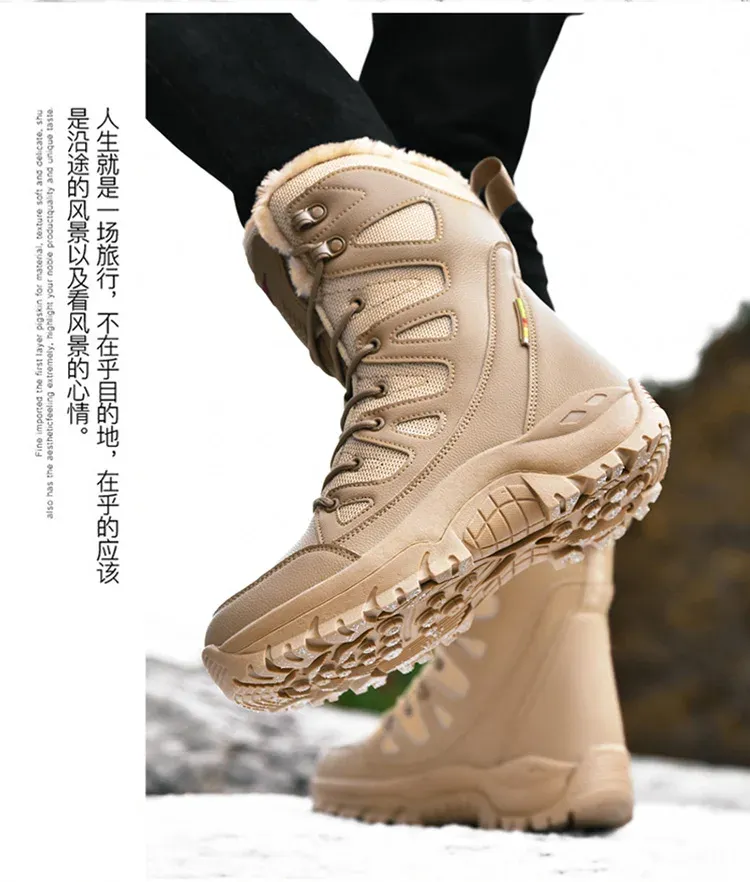 New High Top Men's Boots Waterproof Winter Boots Warm Plush Snow Boots Men Lace Up Casual Anti-Slip Ankle Boots Army Work Boots