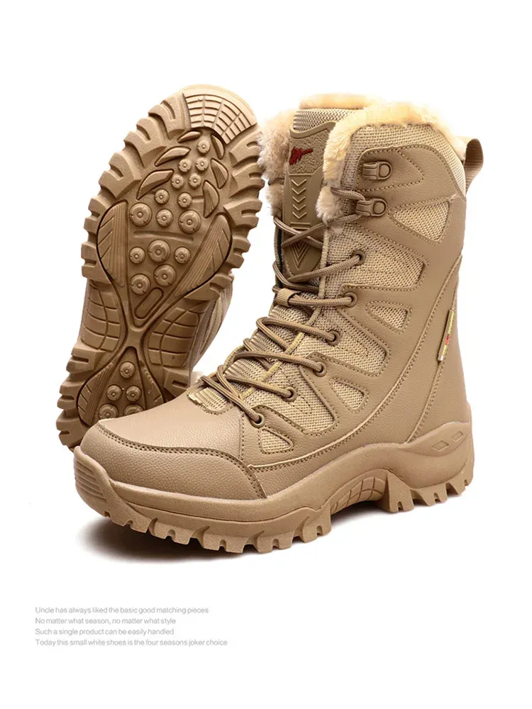 New High Top Men's Boots Waterproof Winter Boots Warm Plush Snow Boots Men Lace Up Casual Anti-Slip Ankle Boots Army Work Boots