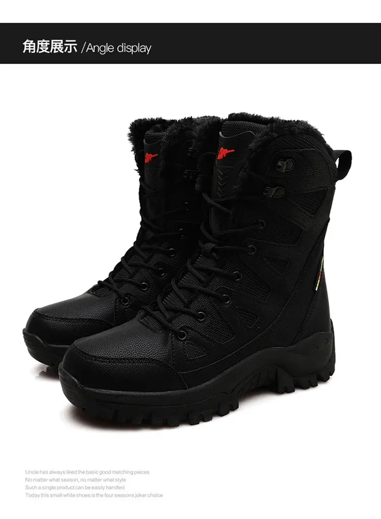 New High Top Men's Boots Waterproof Winter Boots Warm Plush Snow Boots Men Lace Up Casual Anti-Slip Ankle Boots Army Work Boots