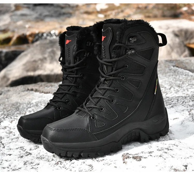 New High Top Men's Boots Waterproof Winter Boots Warm Plush Snow Boots Men Lace Up Casual Anti-Slip Ankle Boots Army Work Boots