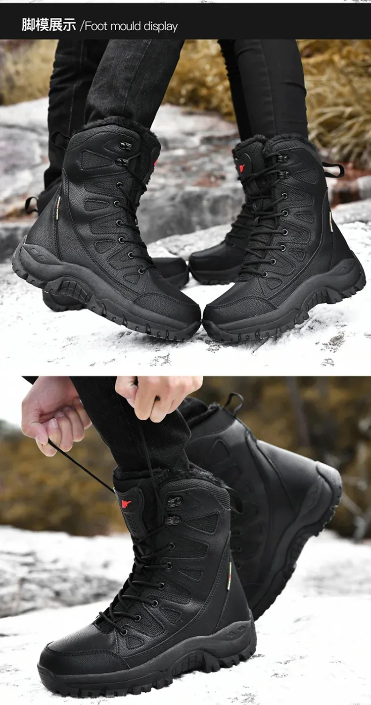 New High Top Men's Boots Waterproof Winter Boots Warm Plush Snow Boots Men Lace Up Casual Anti-Slip Ankle Boots Army Work Boots