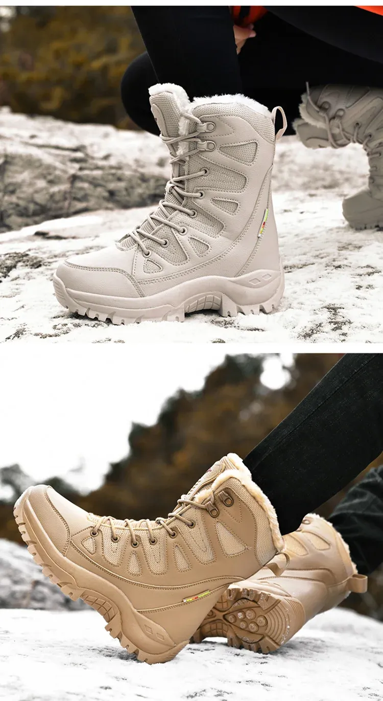New High Top Men's Boots Waterproof Winter Boots Warm Plush Snow Boots Men Lace Up Casual Anti-Slip Ankle Boots Army Work Boots