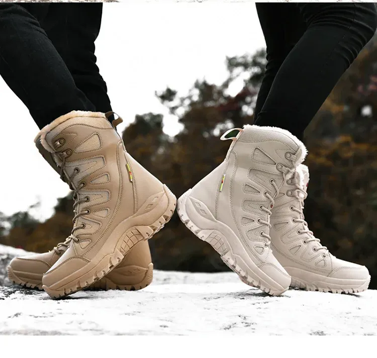 New High Top Men's Boots Waterproof Winter Boots Warm Plush Snow Boots Men Lace Up Casual Anti-Slip Ankle Boots Army Work Boots