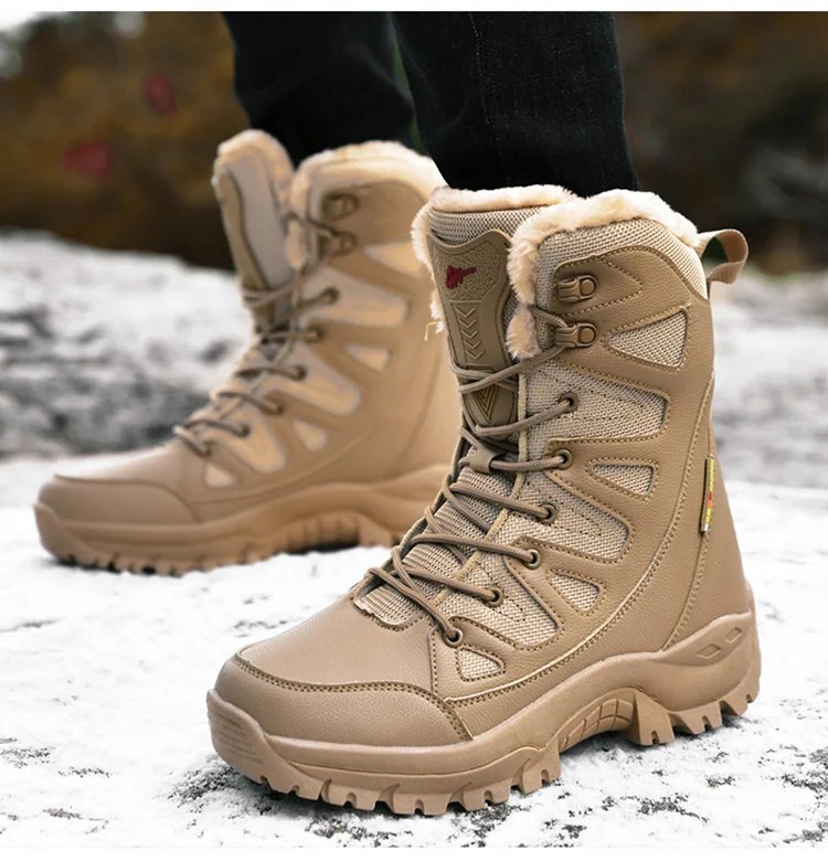 New High Top Men's Boots Waterproof Winter Boots Warm Plush Snow Boots Men Lace Up Casual Anti-Slip Ankle Boots Army Work Boots