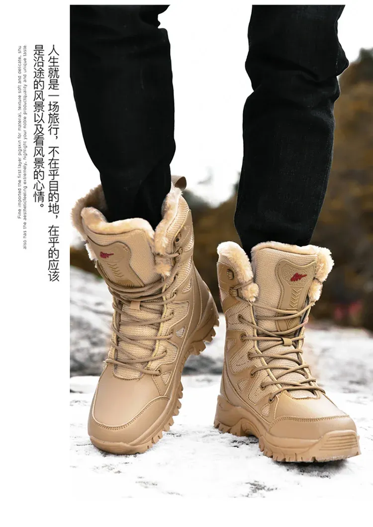 New High Top Men's Boots Waterproof Winter Boots Warm Plush Snow Boots Men Lace Up Casual Anti-Slip Ankle Boots Army Work Boots