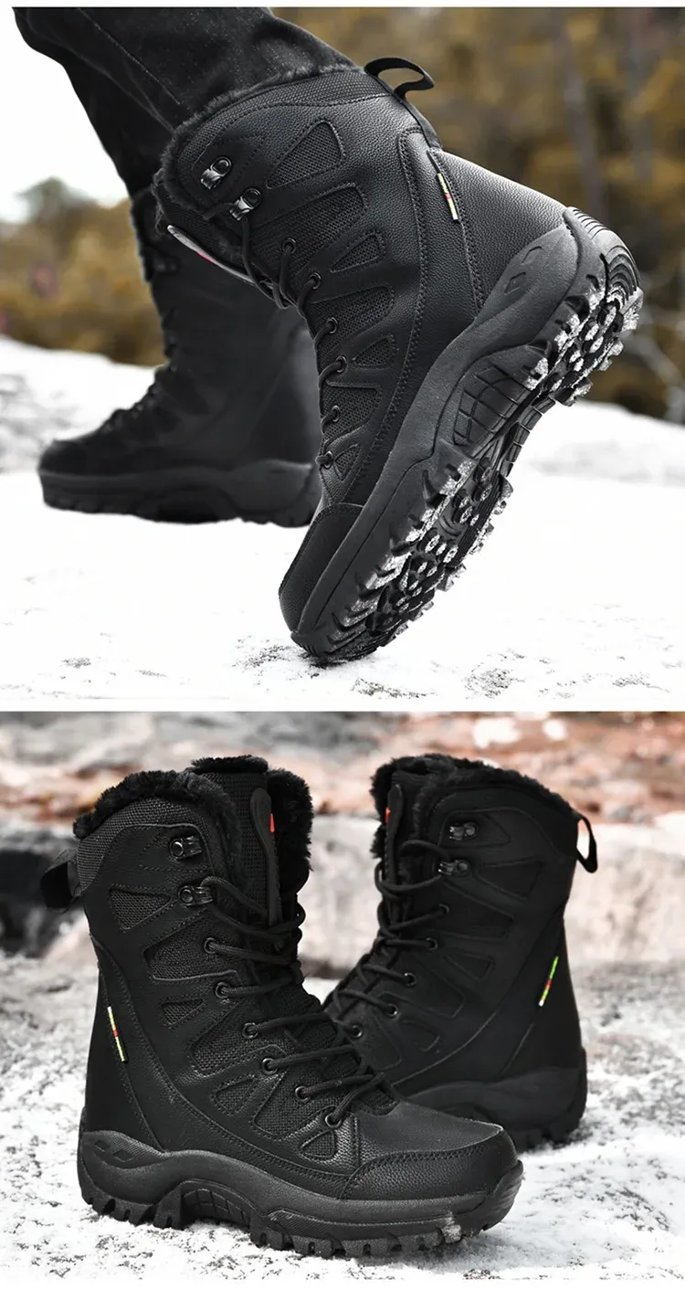 New High Top Men's Boots Waterproof Winter Boots Warm Plush Snow Boots Men Lace Up Casual Anti-Slip Ankle Boots Army Work Boots