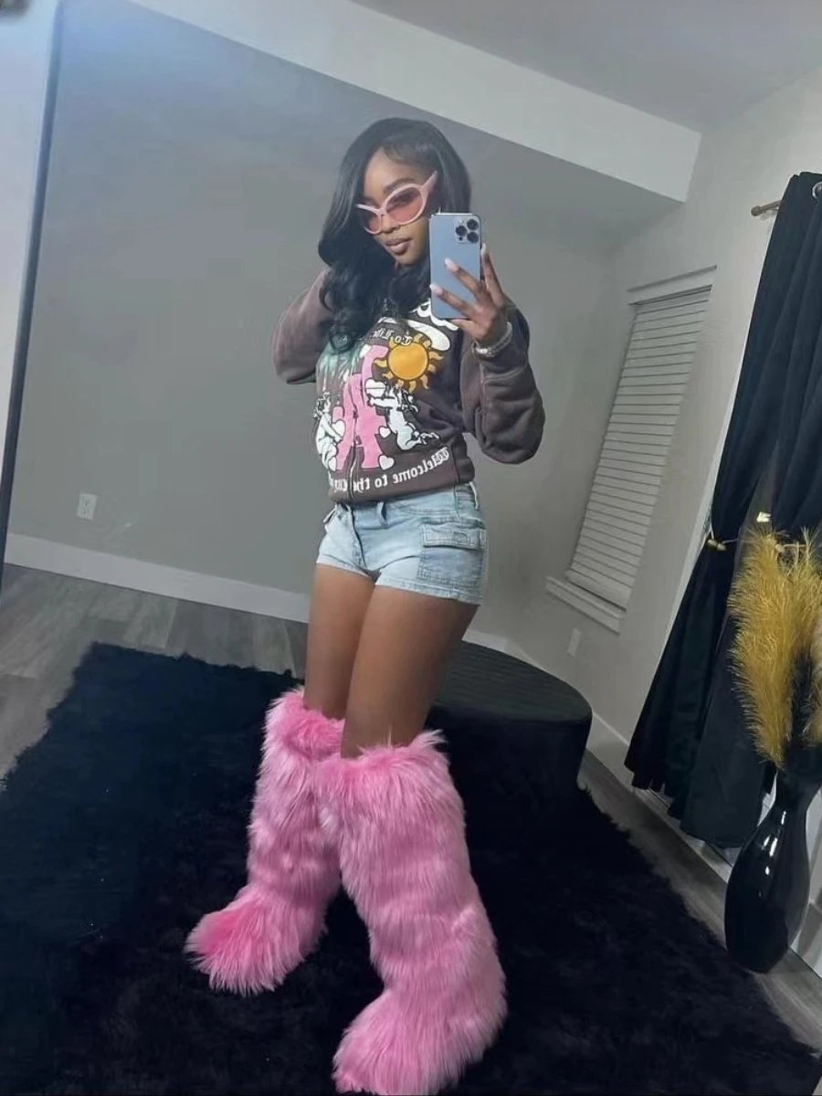 2024 Women Winter Thigh High Fluffy Boots Ladies Furry Faux Fox Fur Long Warm Shoes girls New Designer Plush Knee High Fur Boots