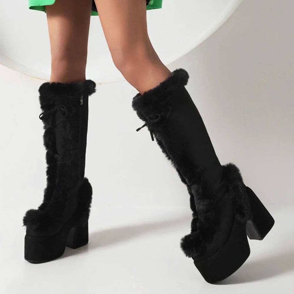 GIGIFOX Mid Calf Furry Winter Snow Boots for Women Flock Faux Fur Platform Chunky High Heel Fleece Side Zipper Punk Warm Boots