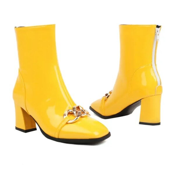 Patent Leather Yellow Red Mature Ladies Winter Warm Shoes Thigh Heels Extra Big Size 50 51 52 Women Ankle Boots With Metal Chain - Image 5