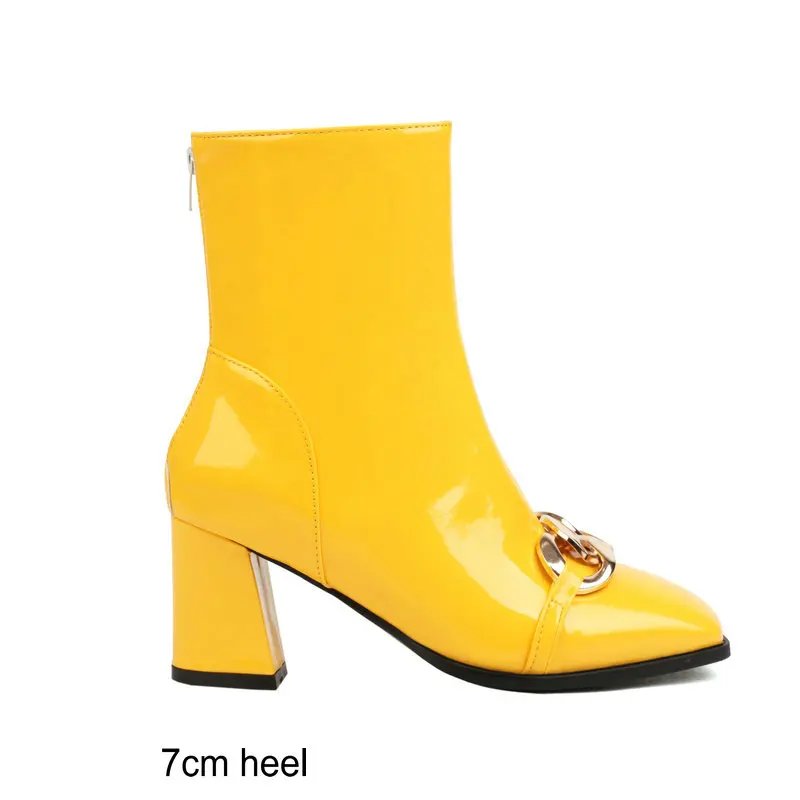 Patent Leather Yellow Red Mature Ladies Winter Warm Shoes Thigh Heels Extra Big Size 50 51 52 Women Ankle Boots With Metal Chain