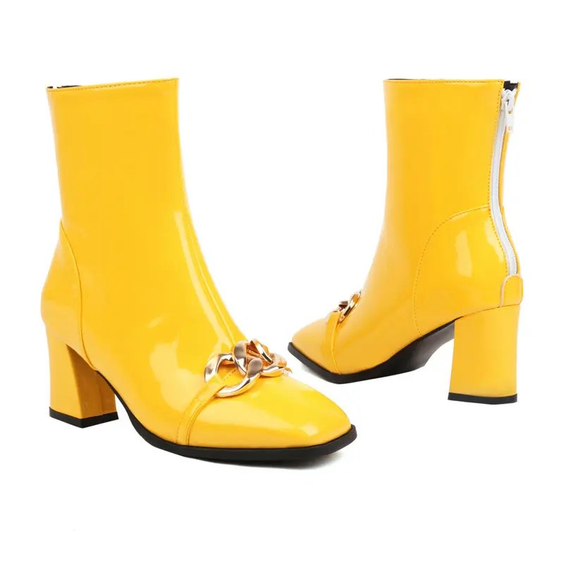 Patent Leather Yellow Red Mature Ladies Winter Warm Shoes Thigh Heels Extra Big Size 50 51 52 Women Ankle Boots With Metal Chain