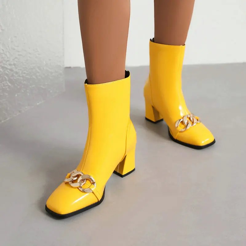 Patent Leather Yellow Red Mature Ladies Winter Warm Shoes Thigh Heels Extra Big Size 50 51 52 Women Ankle Boots With Metal Chain