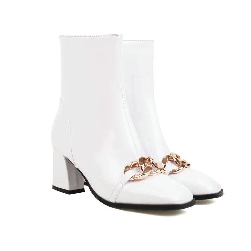 Patent Leather Yellow Red Mature Ladies Winter Warm Shoes Thigh Heels Extra Big Size 50 51 52 Women Ankle Boots With Metal Chain